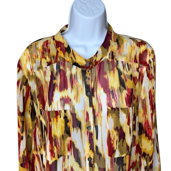 Blouse Top Two by Vince Camuto Brown Amber Burgundy Sheer Button Front LS Sz L - Picture 1 of 10